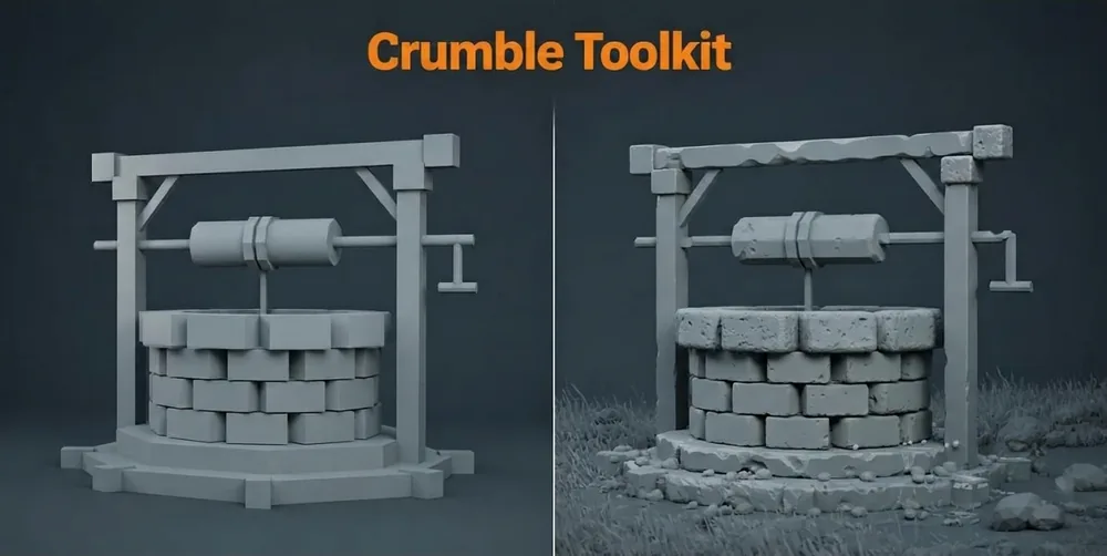 Crumble Toolkit : un puits en 3D avant (à gauche) et après (à droite) application de l’addon, avec pierres abîmées, débris et herbe